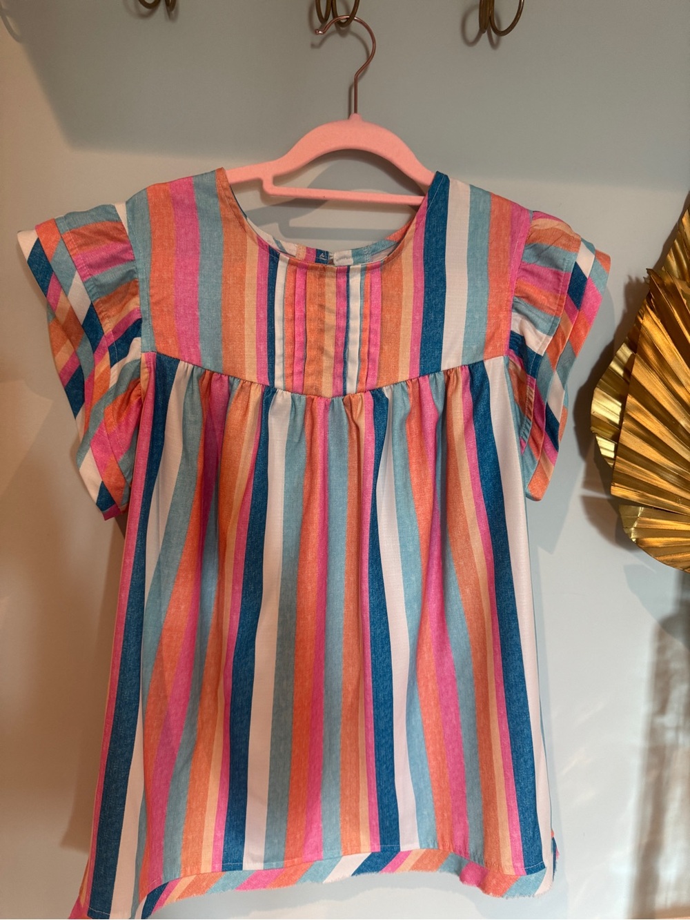 Women’s Multicolor Striped Flutter Sleeve Top - Pink, Blue & Orange